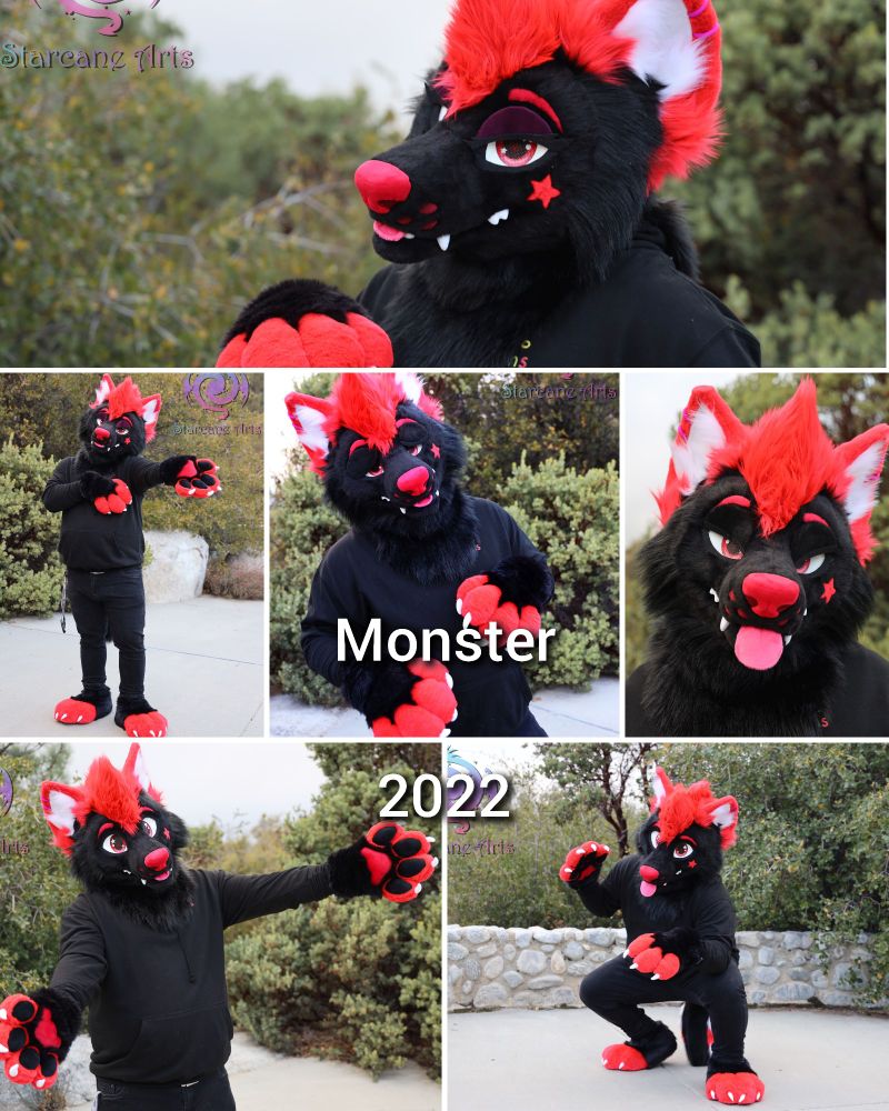 A collage of black and red wusky (wolf/husky) fursuit in front of a forest landscape. There is text on the image that reads "Monster 2022" which is the name of the character, as well as the year the fursuit was made. 