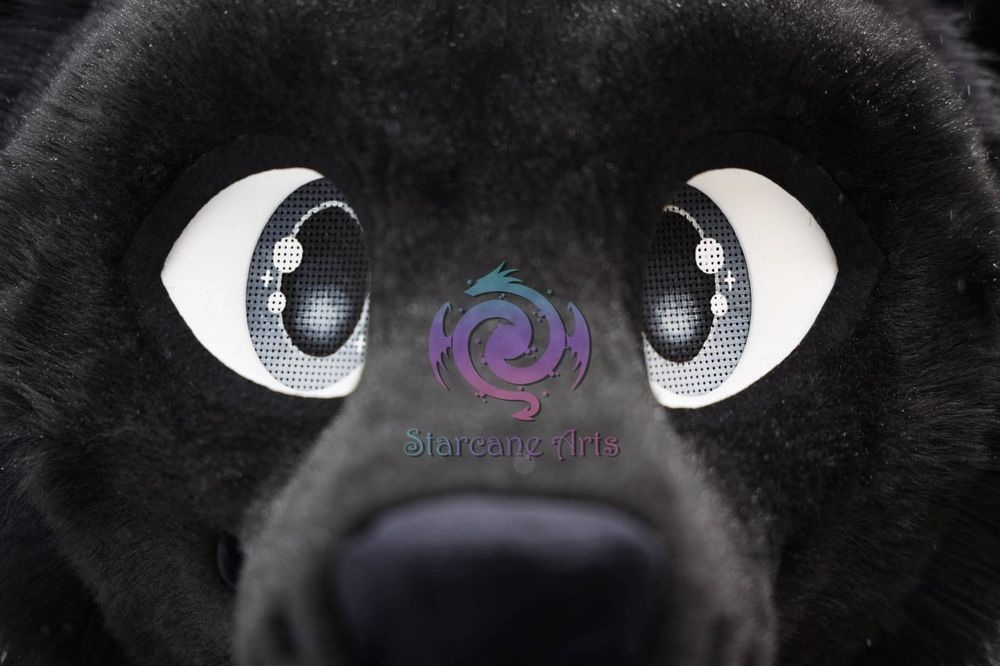 A close-up of an all black fursuit face with the silver eyes being the primary focus. A black nose can be seen just at the bottom of the frame. 

The Starcane Arts logo is visible as a watermark just above the nose. 
