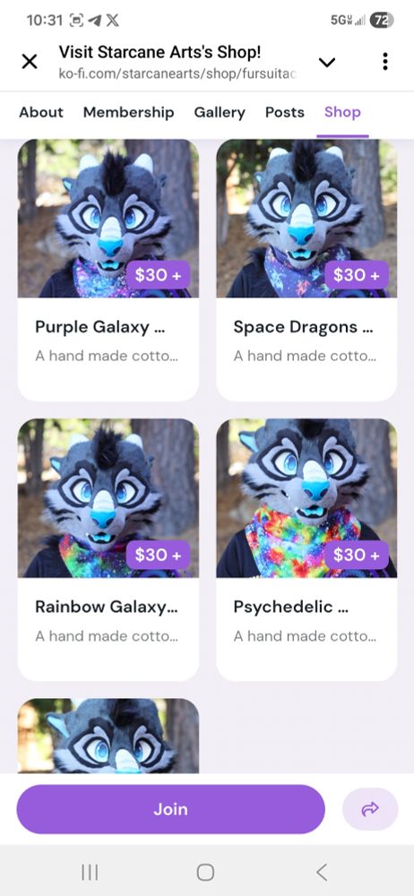 A screenshot of the Starcane Arts shop showing a variety of fursuit bandanas for sale.