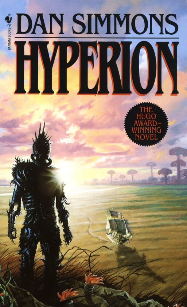 The cover of Hyperion. A figure entirely covered in twisting black insect-like spikes watches a sailing ship as it sails across a sea of grass. 