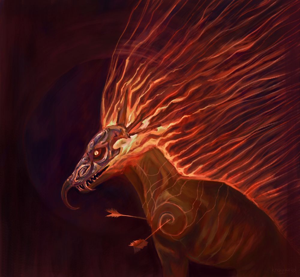 Digital art, of a dog-like creature with a metal mask. It's orange and has a mane made of flames, staring into distance with glowing snake eyes. The background is dark red.