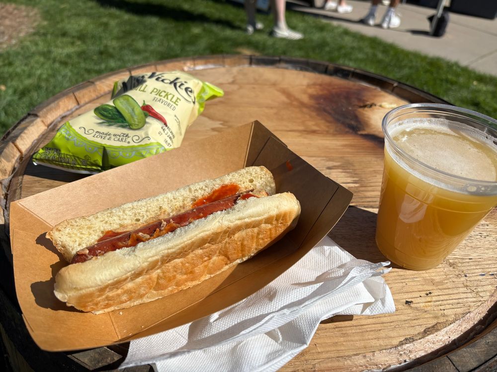 My lunch: a giant hot dog, spicy pickle chips, and an IPA