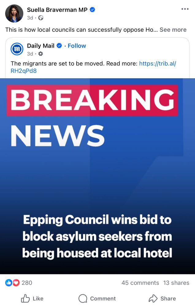 20th August: Suella wants councils to block housing asylum seekers.