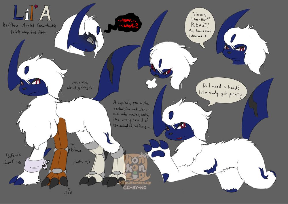 Lil A the Absol! He's a triple amputee, only his right front leg remains. His fur is scruffy and snow-white. He has three prosthetic limbs, one of which made from bronze.