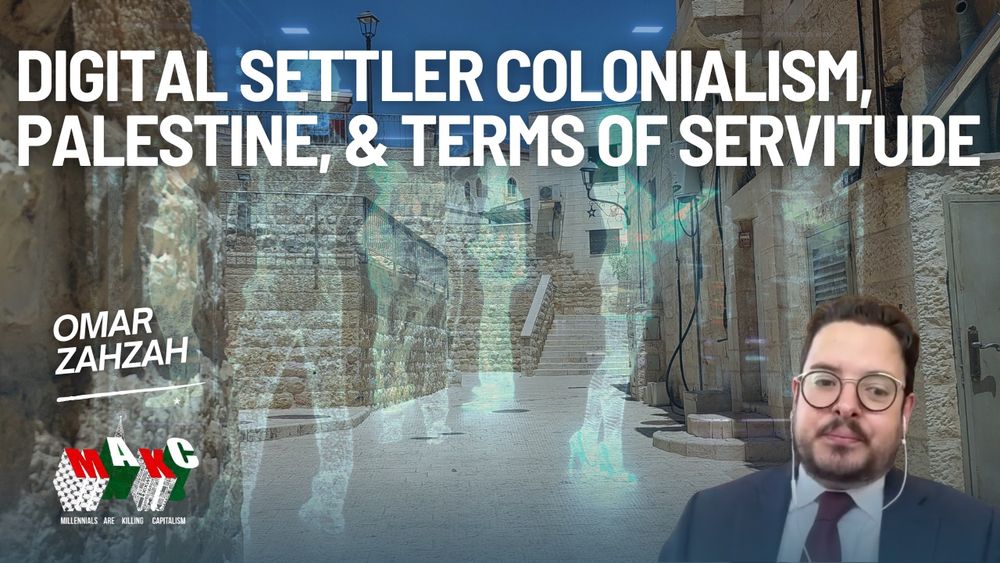 background image of Bethlehem, Palestine with visualizations of "AI" robots across the landscape; title reads "Digital Settler Colonialism, Palestine, & Terms of Servitude with Omar Zahzeh; a picture of Dr. Zahzah; MAKC logo in the foreground