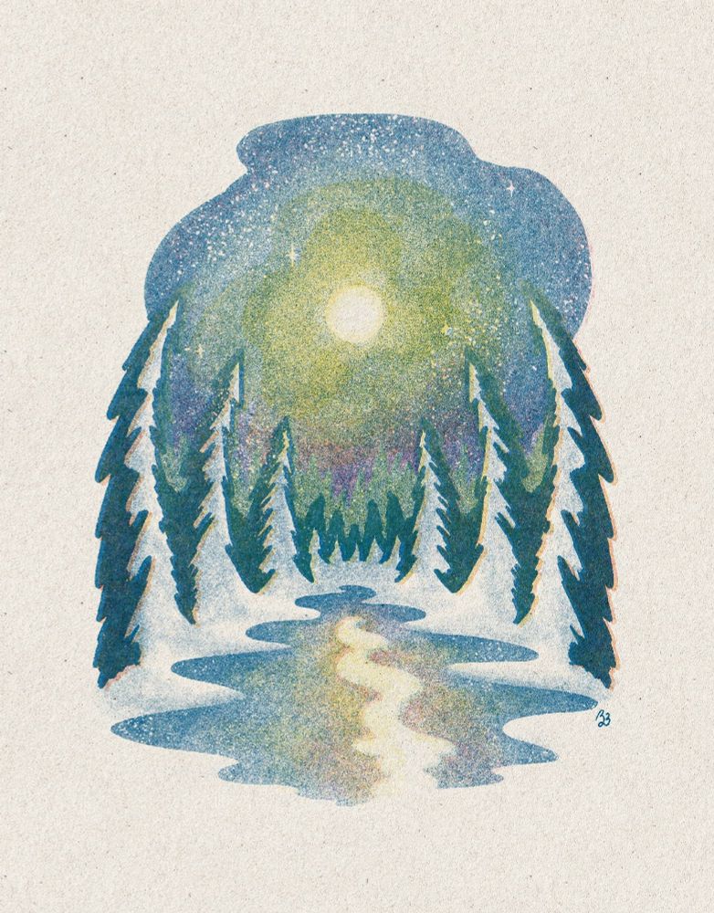 Illustration of snowy trees surrounding a wavy lake with a shining moon in the sky.