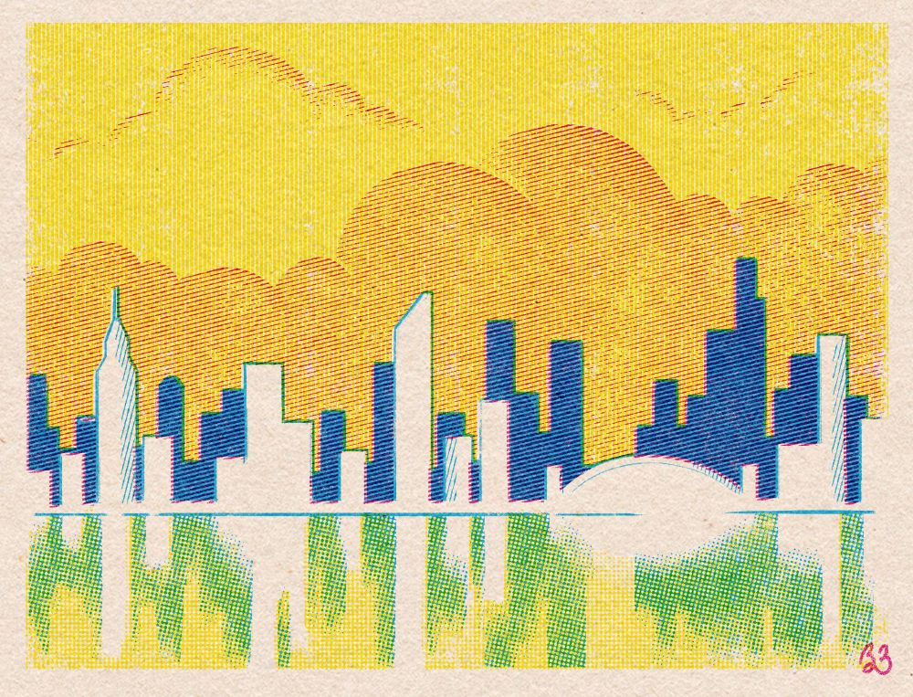 Illustration of a city skyline on the water with large clouds in the sky. One cloud looks distinctly like a butt.