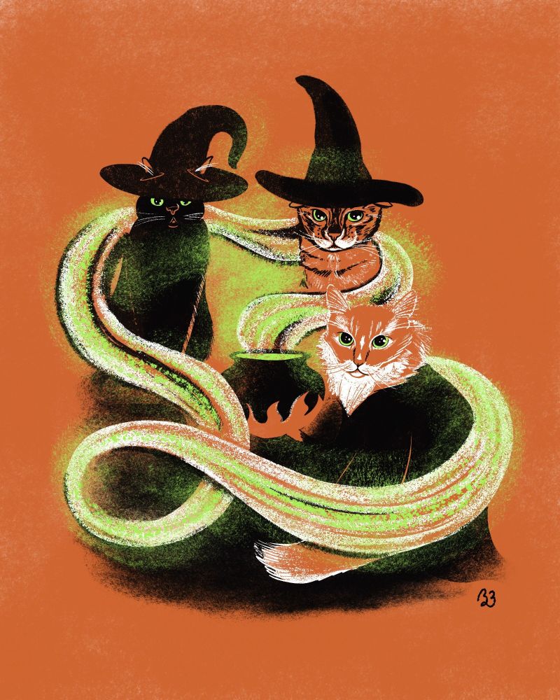 Illustration of three cats dressed as witches sitting around a cauldron. Steam from the cauldron is winding around them.