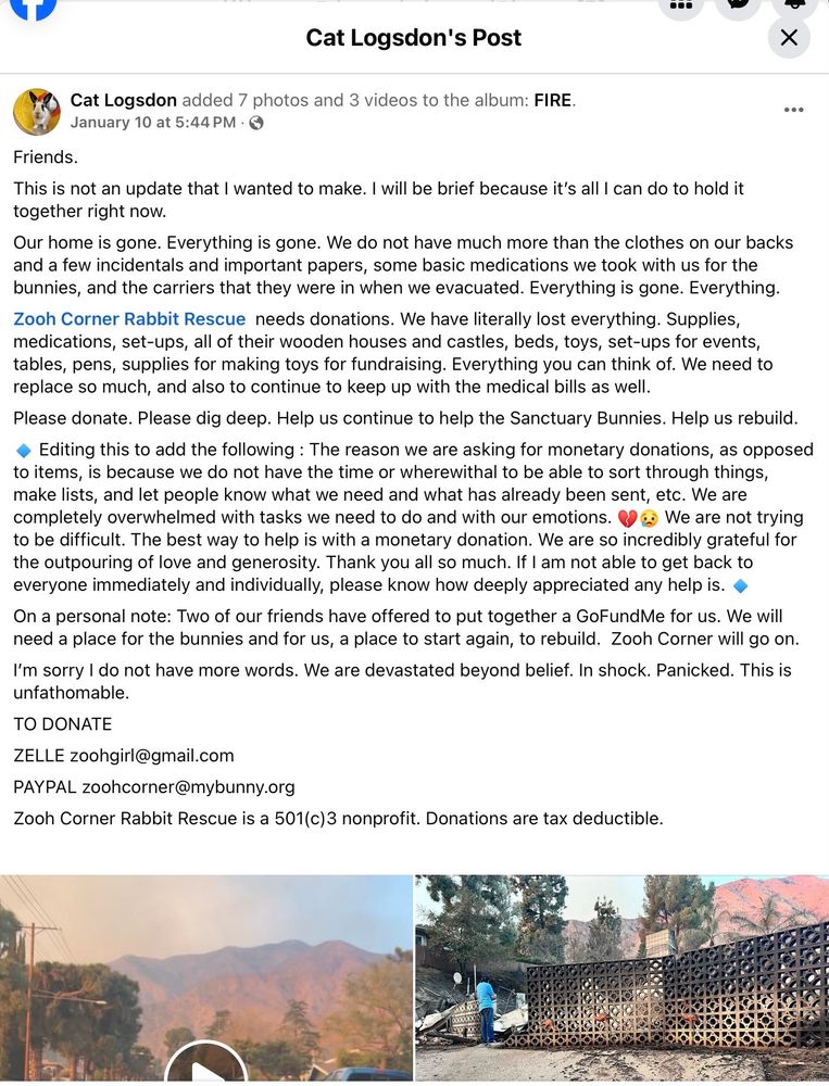 A screenshot of a Facebook post from Cat Logsdon, founder of Zooh Corner, sharing the devastating news that their house & all belongings were lost in the Eaton fire in Los Angeles. 