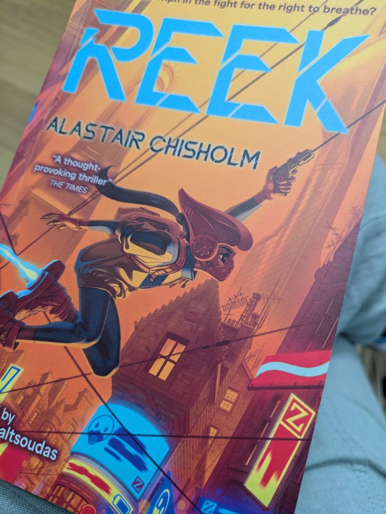 From cover of Reek by Alastair Chisholm
Orange and blue image of a person swinging through the air 