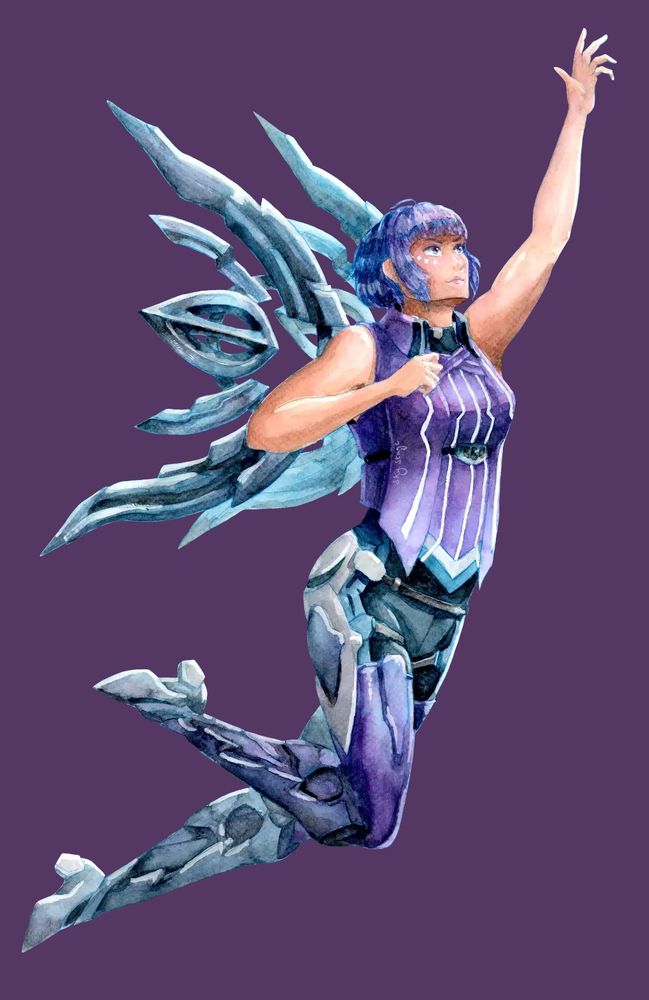 Watercolour painting of the artist's Xenoblade Chronicles X avatar, reaching upwards 