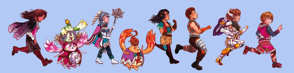 Chibi artwork of the party members from Xenoblade Chronicles 1 running together.