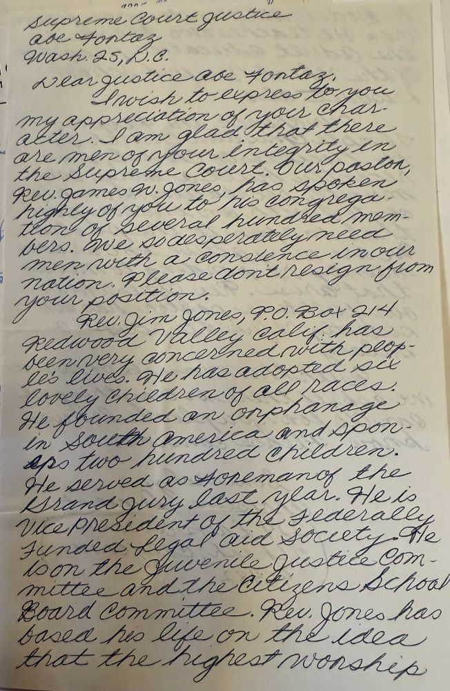 Untranscribed letter from Christine Lucientas to Abe Fortas, undated, that mentions her pastor Jim Jones defended him recently.