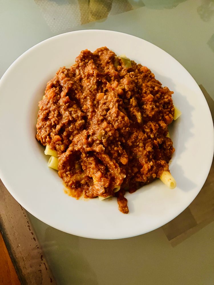 Vegan bolognese sauce over pasta. 