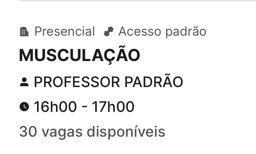 Print do Gympass: Musculação com professor Padrão, das 16h às 17h, 30 vagas disponíveis 