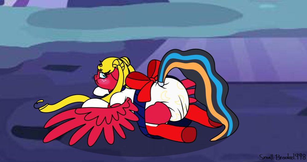 Oops, it looks like "Sailor Moon" (Windblade) tripped while joining in the festivities on Nightmare Night and she had a wardrobe malfunction when she tripped. Nobody expected "Sailor Moon" to be bold enough to show her padded flank in front of everyone, lol.

Windblade put herself in a pullup to enjoy the Nightmare Night festivities and not have to worry about risking an accident when she can't find a toilet. But what she didn't expect was, exposing the pullup she wore underneath her costume. Poor mare. The public is going to laugh about this one for the next week or two.

