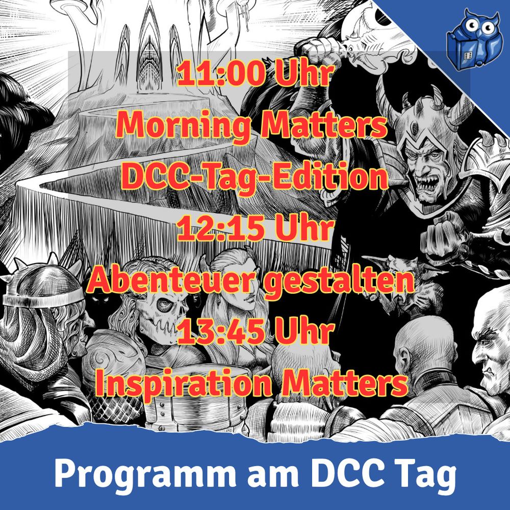 Grafik mit DCC-Artwork zeigt das Programm am DCC Tag: 11:00 Uhr Morning Matters DCC-Tag-Edition, 12-15 Uhr Abenteuer gestalten, 13:45 Uhr Inspiration Matters. Blaues System Matters Logo unten rechts.