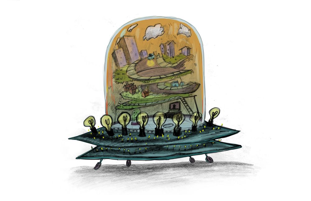 spaceship with a little town inside