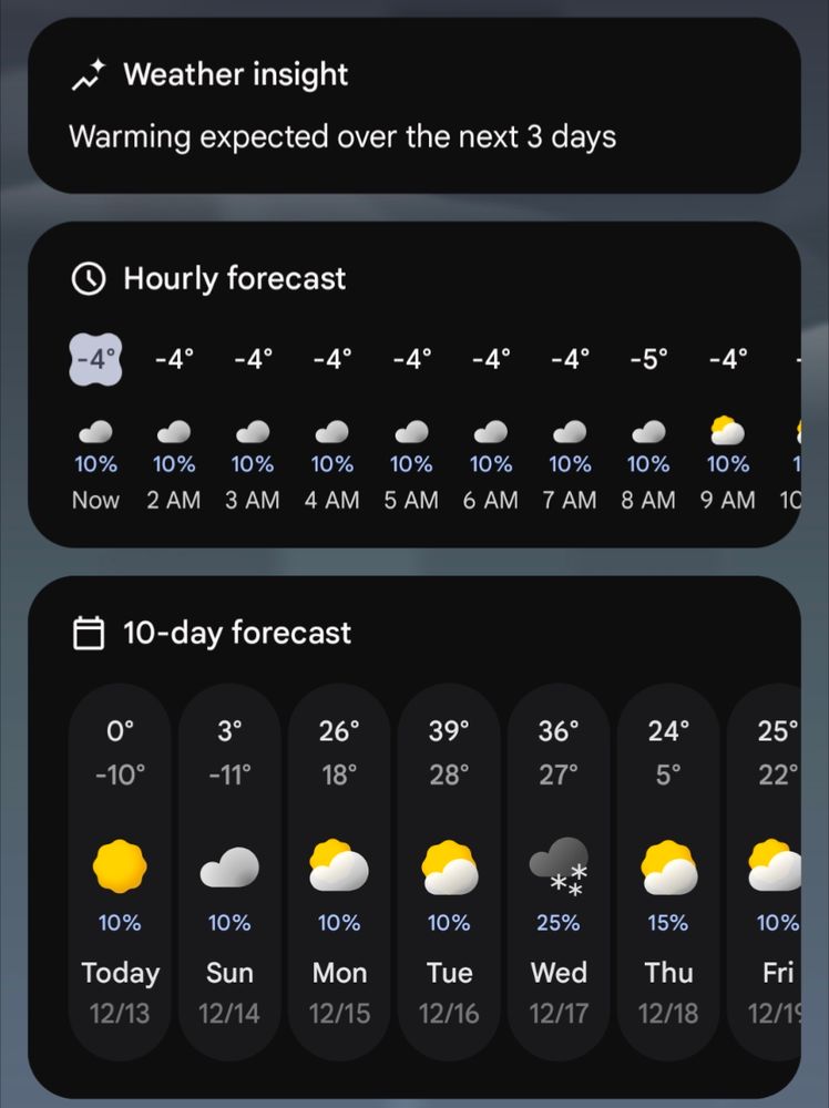 A screenshot of the Google weather forecast app. At the top section is an AI "weather insight" that says warming is expected over the next 3 days. The bottom section is a 10-day forecast showing a high of 0° and low of -10 degrees today, a high of 3° and a low of -11° tomorrow, and then a high of 26° and a low of 18° 2 days from now.