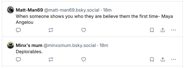 A Bluesky thread screenshot. Matt-Man69 posts, the Minx's mum posts only the word "Deplorables." This is the post that was hidden by Bluesky moderation.