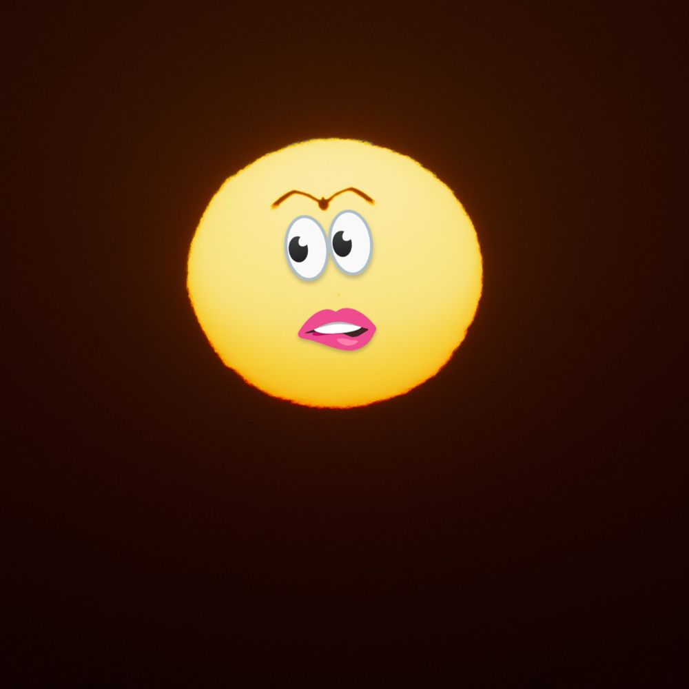 A photo of the sun near the ocean with a bird flying in front of it. Eye and mouth emojis were added to make it look like a face with the bird as eyebrows.