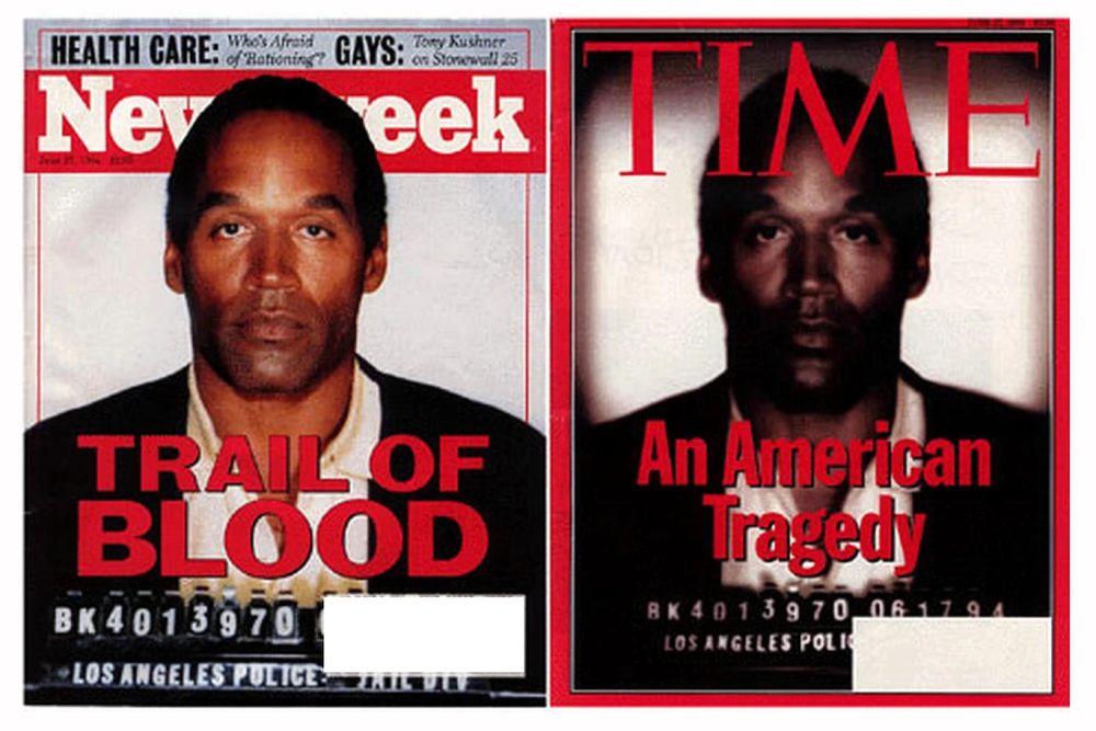 Side-by-side images of Newsweek magazine and Time magazine both showing OJ Simpson's mugshot on their covers. Time famously darkened the photo of OJ because racism.