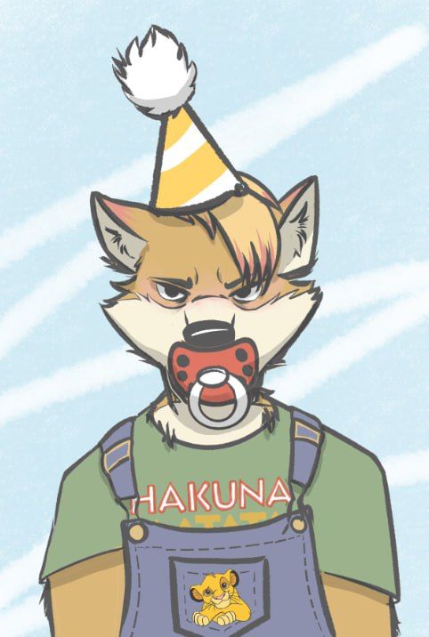 Aevise’s fursona, wearing a birthday hat, shortalls with Simba on the bib, a Hakuna Matata shirt, and a red pacifier.

Aevise’s expression is not amused, and shooting daggers.