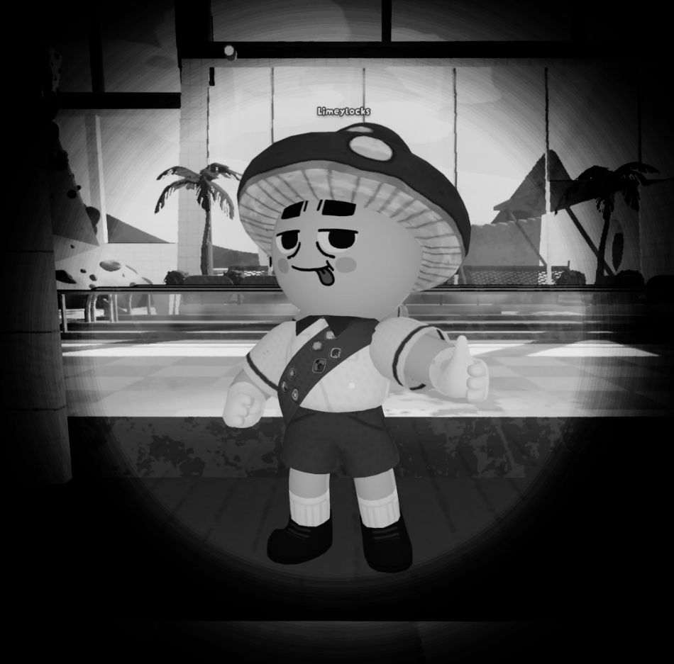 A grayscale screenshot of my player character from the video game Peak, giving a thumbs up. The image is styled like a memorial photo, as a joke, to indicate that I did not survive the play experience mentioned in my post.