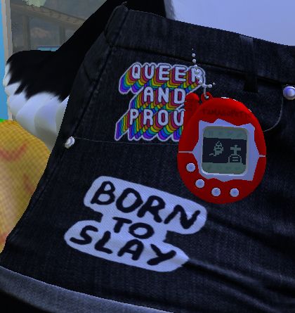 crop of my friend's avatar's hip; right next to the patches "born to slay" and "queer and proud" is a dead tamagopetto, showing a tombstone and a ghost on its screen