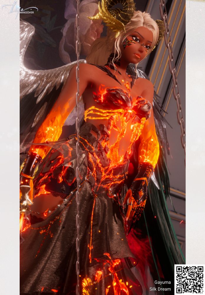 life makeover avatar in a lava-esque outfit with demon horns and black spiky wings. avatar design is inspired by goenji shuuya.