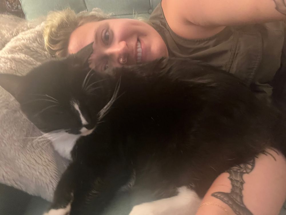 A tuxedo cat laying in my arm pinning me where I lay. He’s a chonker