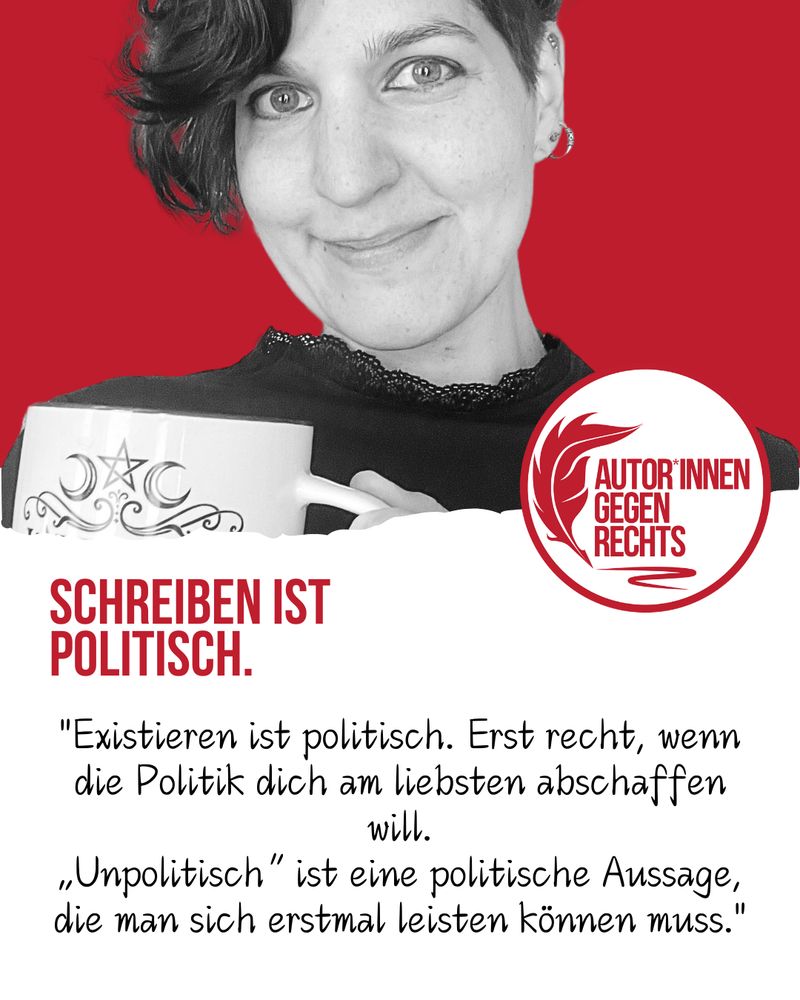 Portrait der Autorin Iva Moor, die lächelnd in die Kamera blickt. Darunter "Schreiben ist politisch" als Header und darunter das Zitat: xistieren ist politisch. Erst recht, wenn die Politik dich am liebsten abschaffen will.
„Unpolitisch“ ist eine politische Aussage, die man sich erstmal leisten können muss"