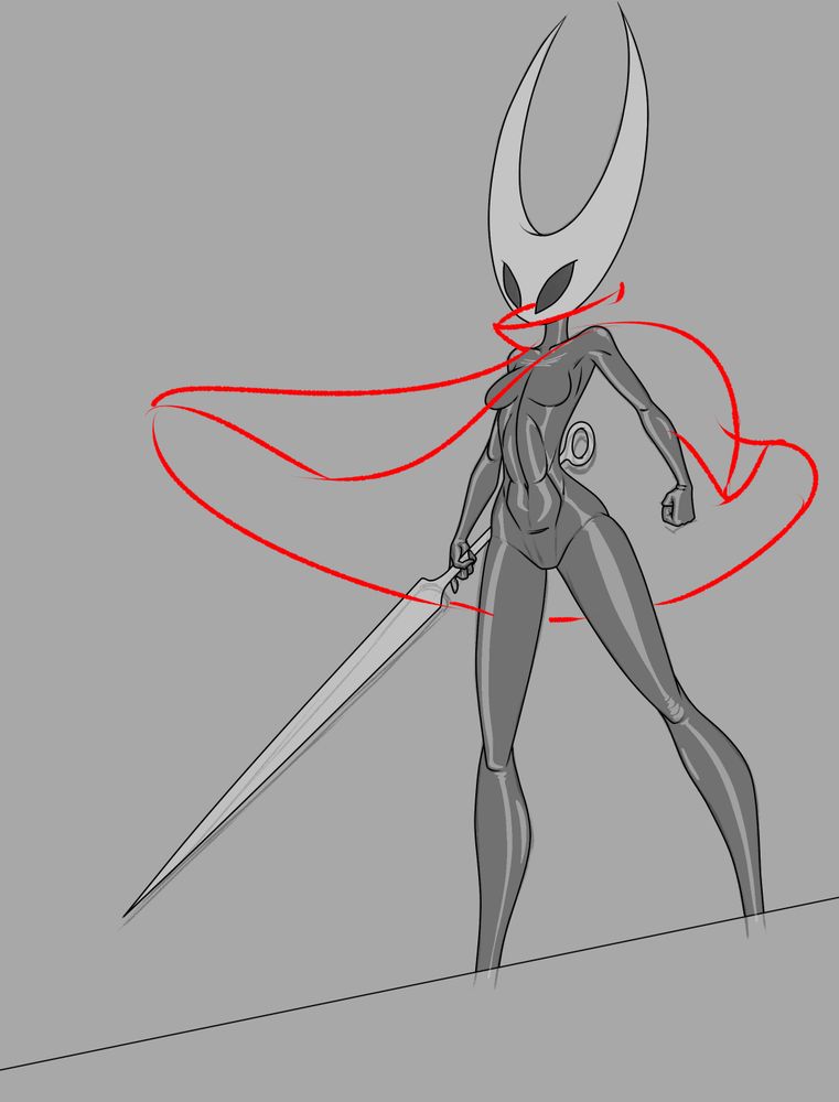 WIP illustration of Hornet, the main character in the videogame Silksong.  She is seen standing on the edge of a cliff, wind blowing her dress around revealing her holding her needle weapon.