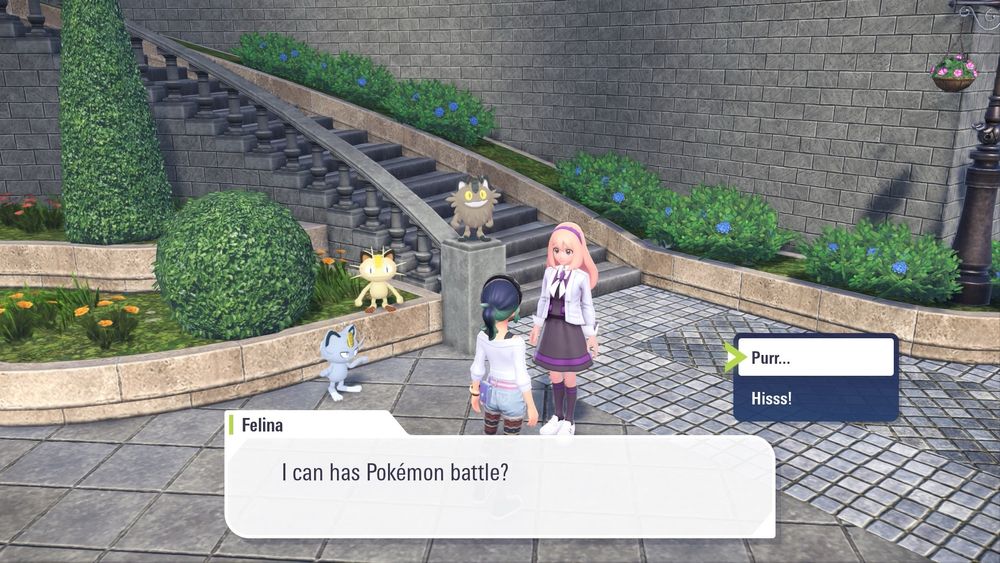 Screenshot of an NPC with three Meowths asking “I can has Pokemon battle?”