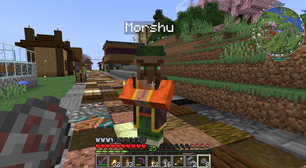 Screenshot of the game Minecraft showing a wandering trader nicknamed "Morshu" who is dressed to then resemble the character of the same name from The Legend of Zelda spinoff game Link: The Faces of Evil.