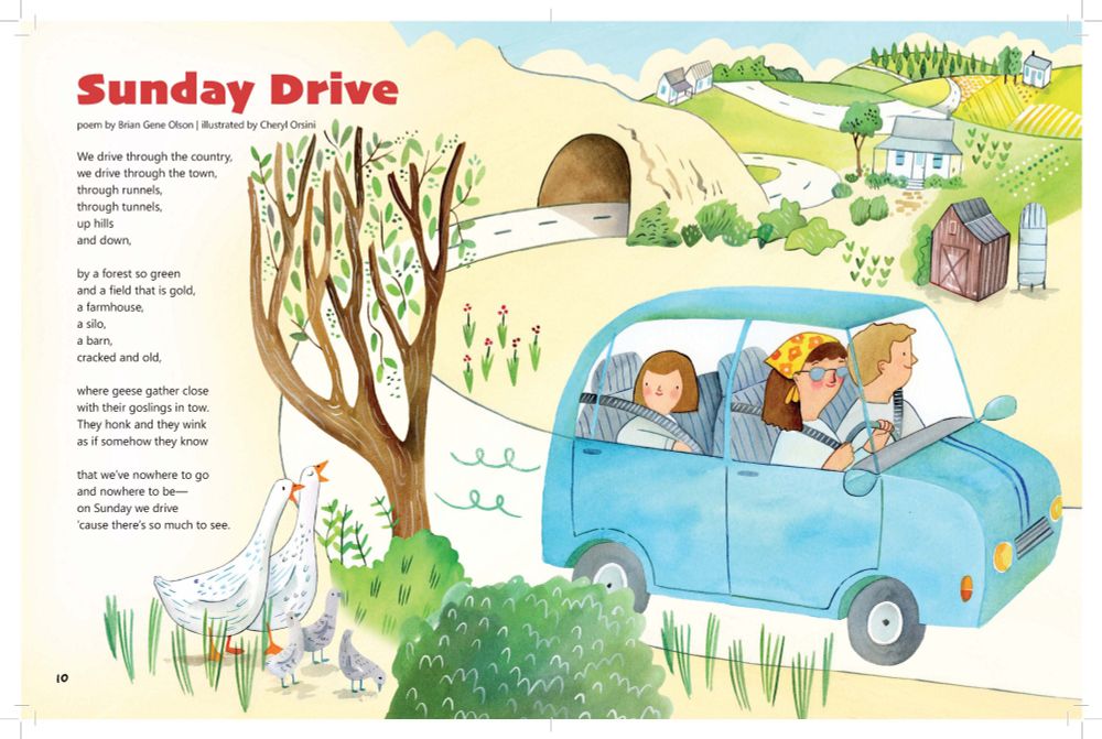 Sunday Drive poem by Brian Gene Olson. Art by Cheryl Orsini. Published in Oct. 2023 in The School Magazine: Blast Off. Words (C) Brian Gene Olson. Art (C) Cheryl Orsini.
