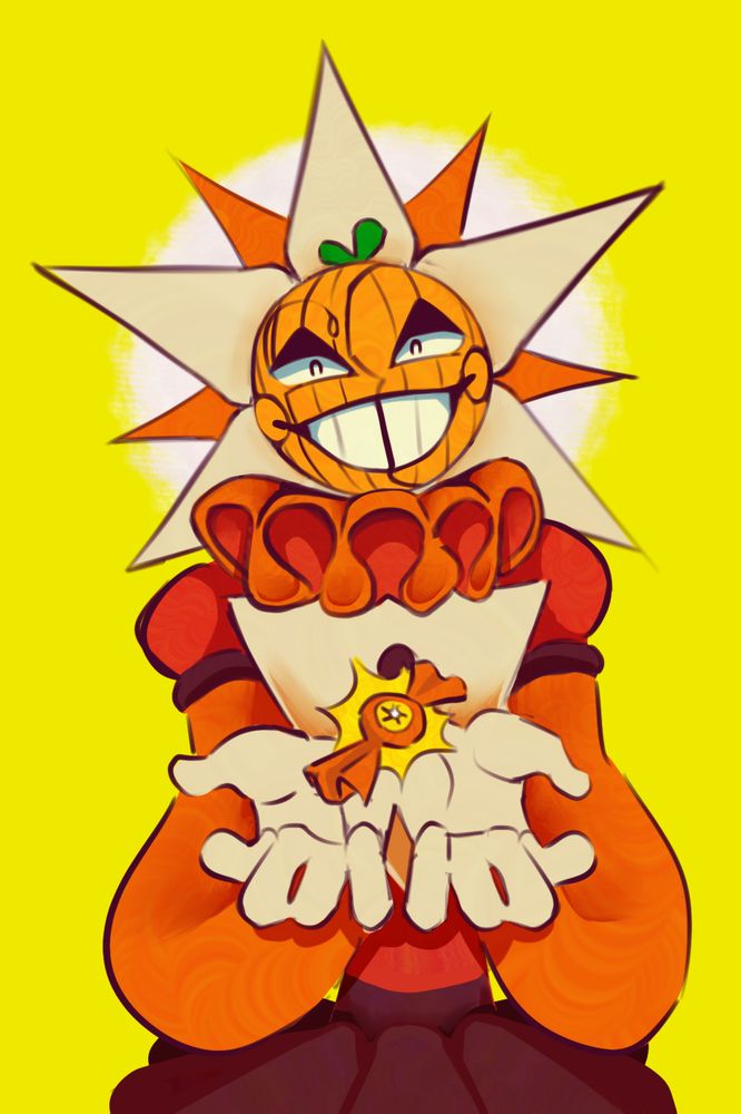 a digital drawing of Sha'ms, an Au version of sundrop, holding a piece of candy in his hands, his face is painted like a pumkin