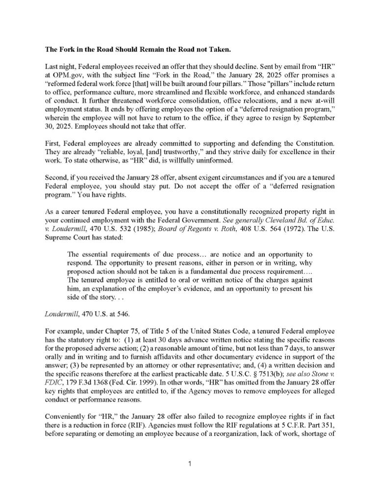 Tenured Federal employees have rights that were not included in the January 28 Fork in the Road offer. They should understand their rights before thinking about resignation. 