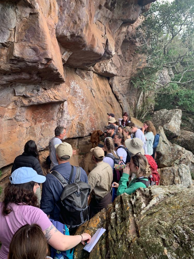 Photo of a group of students crowded around a rock wall looking at ancient rock art