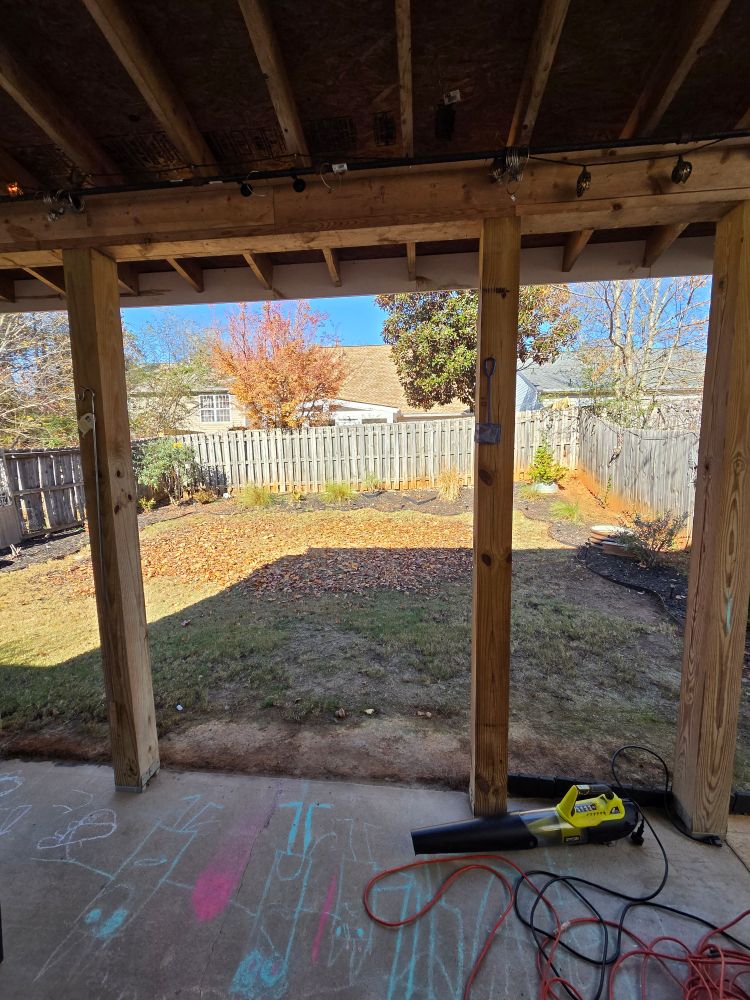 Backyard. Leaves blown to middle of yard.