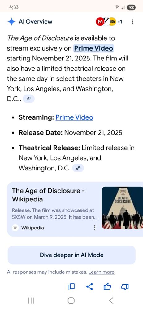 Information to show where The Age of Disclosure is streaming.  Prime Video on November 21, 2025.