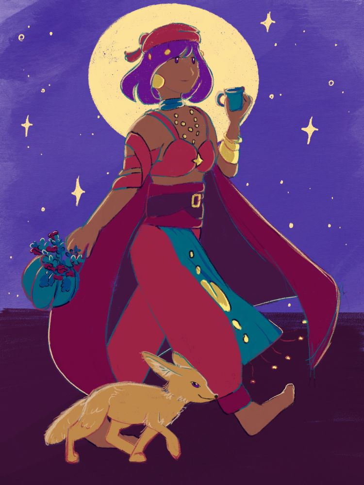 Digital drawing of a red witch with her fennec fox familiar. They are both walking before a full moon and starry sky with smiles on their faces. The witch wears red long pants and a red cape, and golden earrings and bracelets. She also has a small basket with herbs and a small tea cup in her hands. 