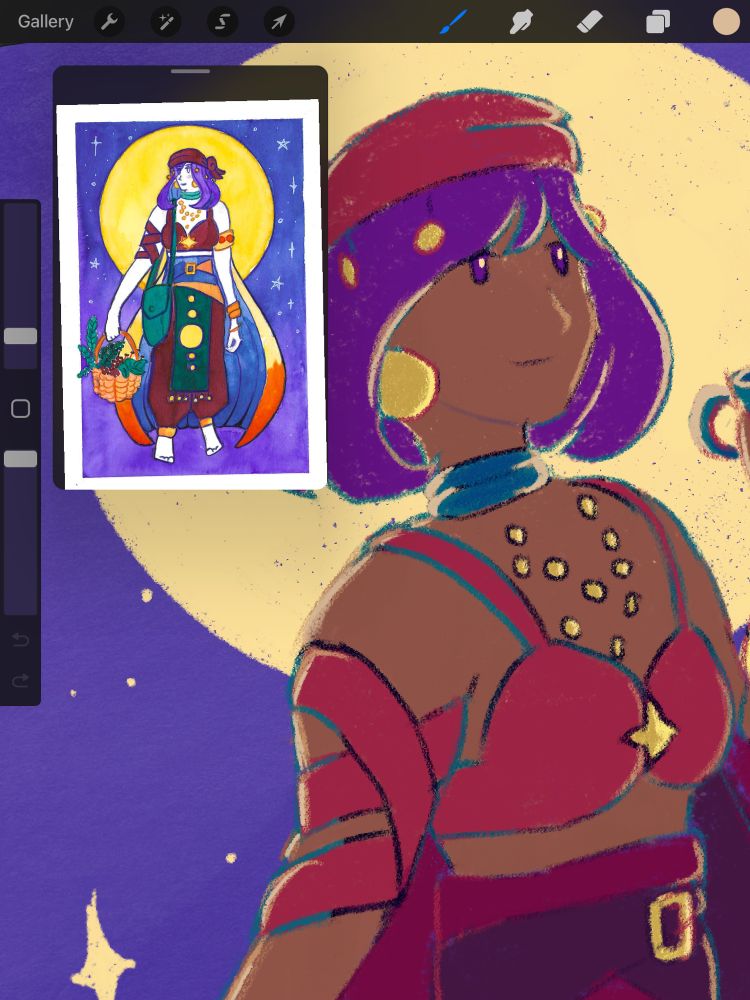 Screenshot of a digital drawing of a witch, and the original ink painting next to it. 