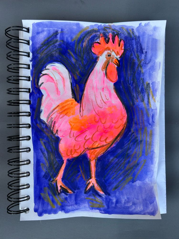 Neon colored painting of a chicken on a sketchbook page. 