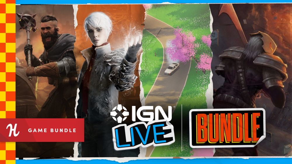 A graphic featuring key art from Wartales, The Medium, Art of Rally, and Slay the Spire. The Humble logo is featured with the words "Game Bundle" as well as the IGN Live logo.