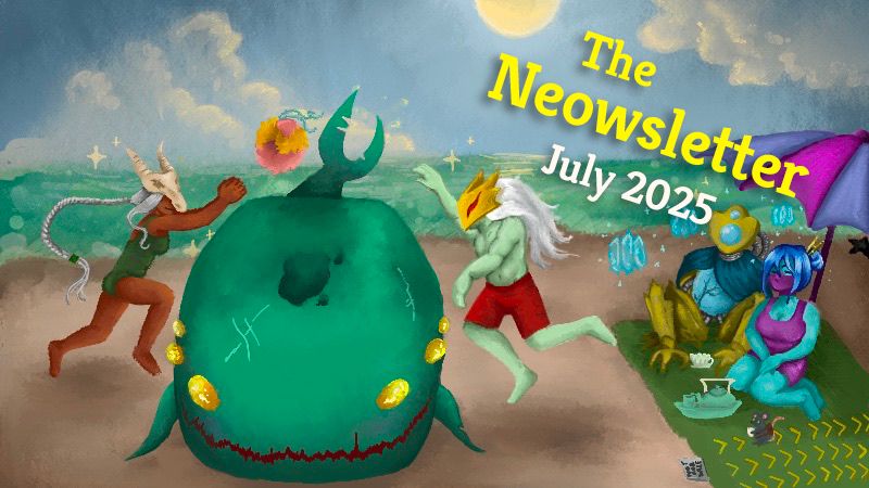 The Neowsletter July 2025 cover image, with Neow on the beach acting as a volleyball net for Silent and Ironclad, a Louse as the ball, with the Defect and the Watcher cooling off in the shade with Frost Orbs and the Ancient Tea Set.