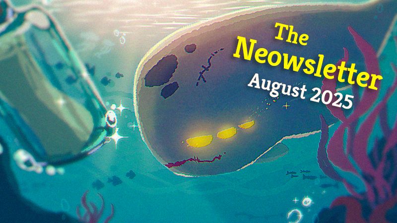 The Neowsletter August 2025 cover image, featuring Neow underwater with sunlight dappling from above and a message in a bottle in the foreground.