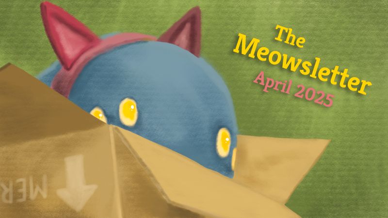 An illustration of Neow peeking out of a cardboard box wearing cat ears, submitted by one of our community members, Caleb.