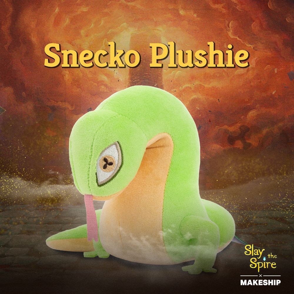 A cute, chonky plushie of Snecko from Slay the Spire, with the Spire in the background and faint, transparent Snecko Eyes on either side of it. Snecko is a lime-green snake/gecko hybrid creature with hypnotic, tri-pupiled, yellow eyes, a pink, forked tongue, and just two legs propping its thick, snake-like body up. The text above it reads "Snecko Plushie" and the Slay the Spire and Makeship logos are in the bottom right corner.