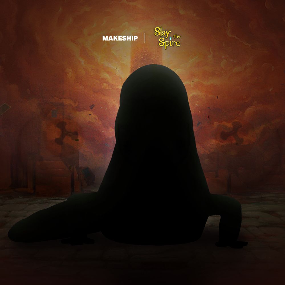 A front-facing, Snecko-like silhouette in front of the Spire, with faint transparent Snecko eyes on either side of it. The Makeship and Slay the Spire logos are depicted above.
